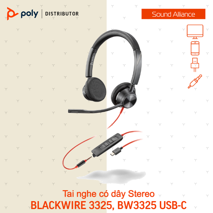  Tai nghe có dây USB Stereo Poly Blackwire 3325, BW3325 