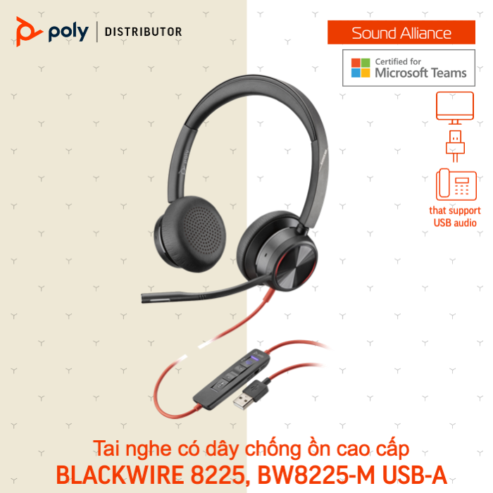  Tai nghe ANC có dây USB Stereo Poly Blackwire 8225, BW8225 