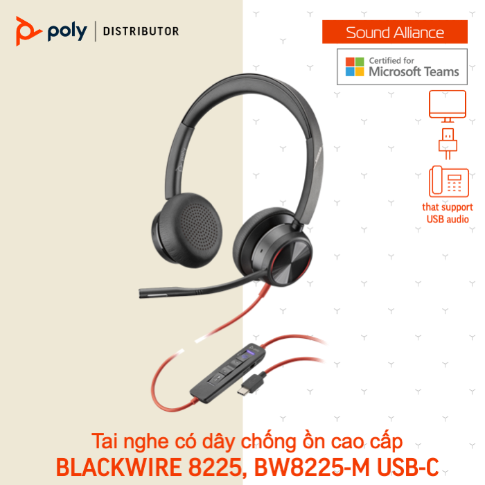  Tai nghe ANC có dây USB Stereo Poly Blackwire 8225, BW8225 