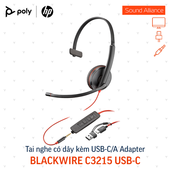  Tai nghe có dây USB và 3.5mm một bên tai Poly Blackwire 3215, C3215 