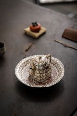 Ấm trà thiền họa tiết vạn Phật mạ bạc cao cấp phong cách Wabi-Sabi
