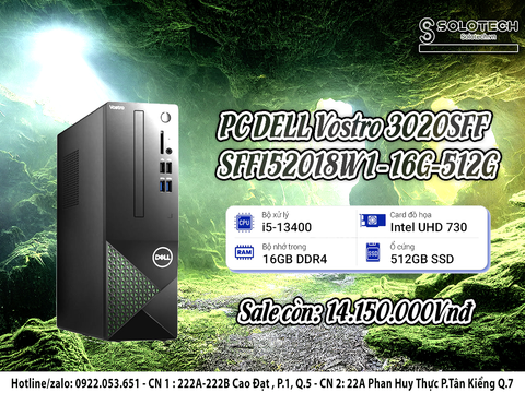  Máy Tính Để Bàn PC DELL Vostro 3020SFF SFFI52018W1-16G-512G i5-13400| 16GB| 512GB| OB| Wifi,BT| Win11 