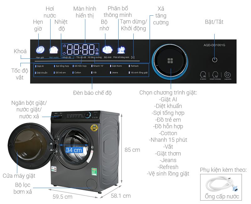 Máy giặt Aqua Inverter 10 kg AQD- DD1001G PS