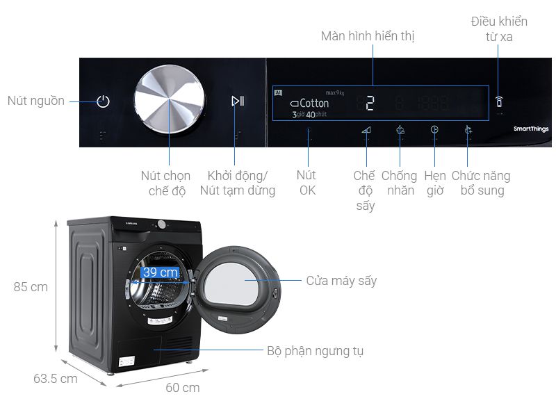 Máy sấy bơm nhiệt Samsung Inverter 9 Kg DV90T7240BB/SV