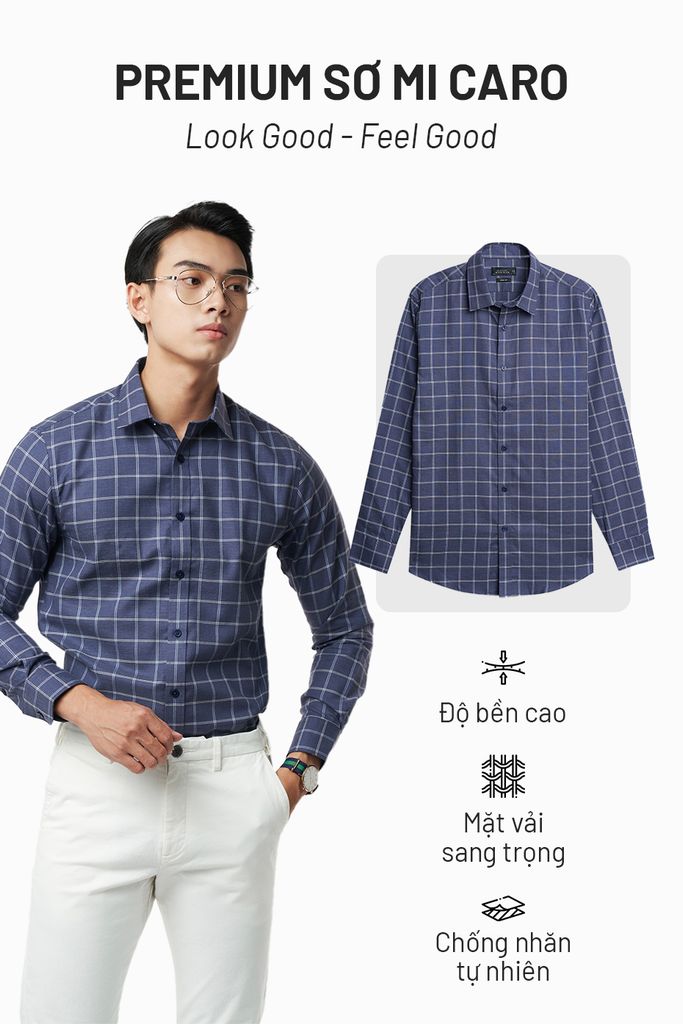 Áo sơ mi caro melange Nam cotton chống nhăn tự nhiên N&M 2110030