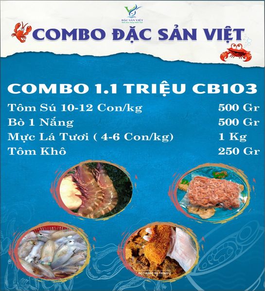  COMBO Hải Sản ( Tôm Sú + Bò 1 Nắng + Mực Ống + Tôm Khô) 