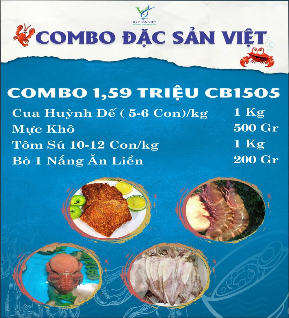  COMBO Hải Sản (Tôm Sú + Bò 1 Nắng Ăn Liền + Cua Huỳnh Đế + Mực Khô) 