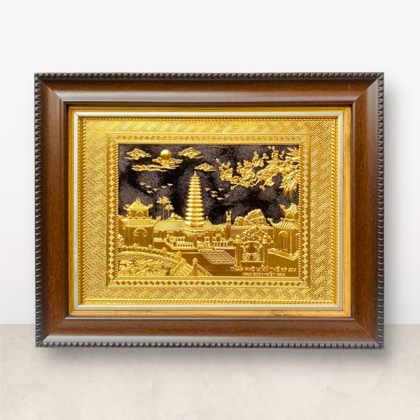 TRANH ĐỒNG THÁP PHỔ MINH THẾ KỶ XIV, MẠ VÀNG 24K (Kích thước 28cm x 34cm)