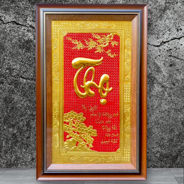 TRANH ĐỒNG CHỮ THỌ THƯ PHÁP, DÁT VÀNG (Kích thước 50cm x 80cm)