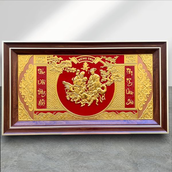 TRANH ĐỒNG MỪNG THỌ ÔNG BÀ, DÁT VÀNG (Kích thước 52cm x 92cm)