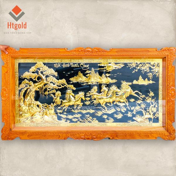 TRANH ĐỒNG MÃ ĐÁO THÀNH CÔNG, MẠ VÀNG 24K, KHUNG GỖ GÕ (Kích thước 107cm x 197cm)