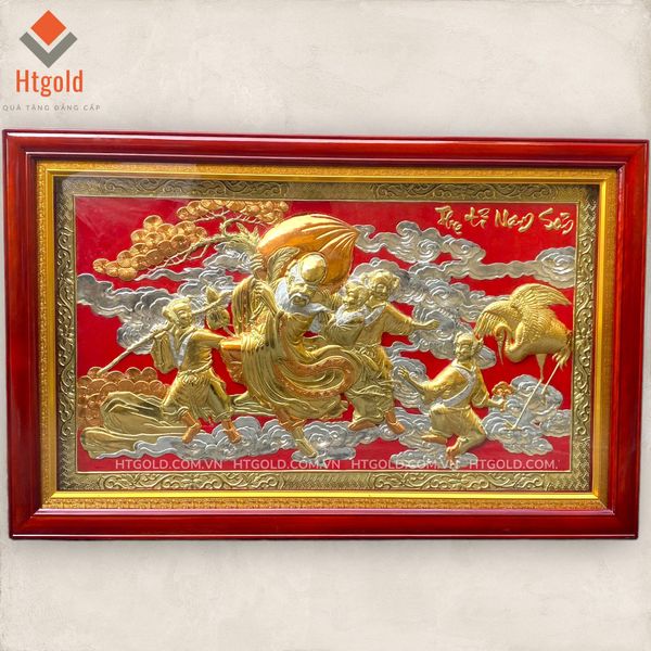 TRANH ĐỒNG MỪNG THỌ (PHÚC - LỘC - THỌ), DÁT VÀNG BẠC (Kích thước 68cm x 107cm)