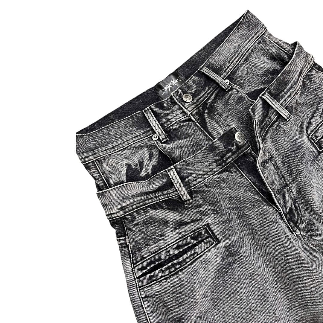 Double Waist Washed Jeans - Stone Gray