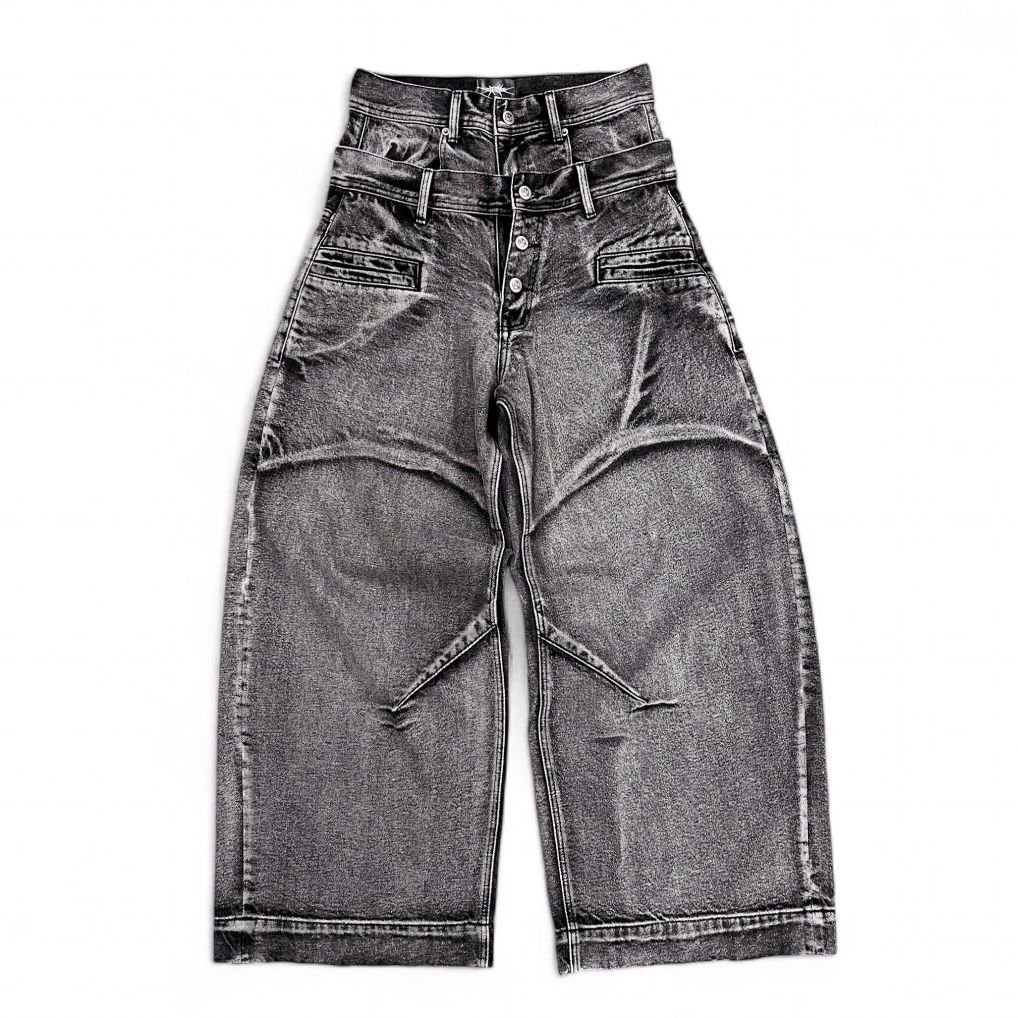 Double Waist Washed Jeans - Stone Gray