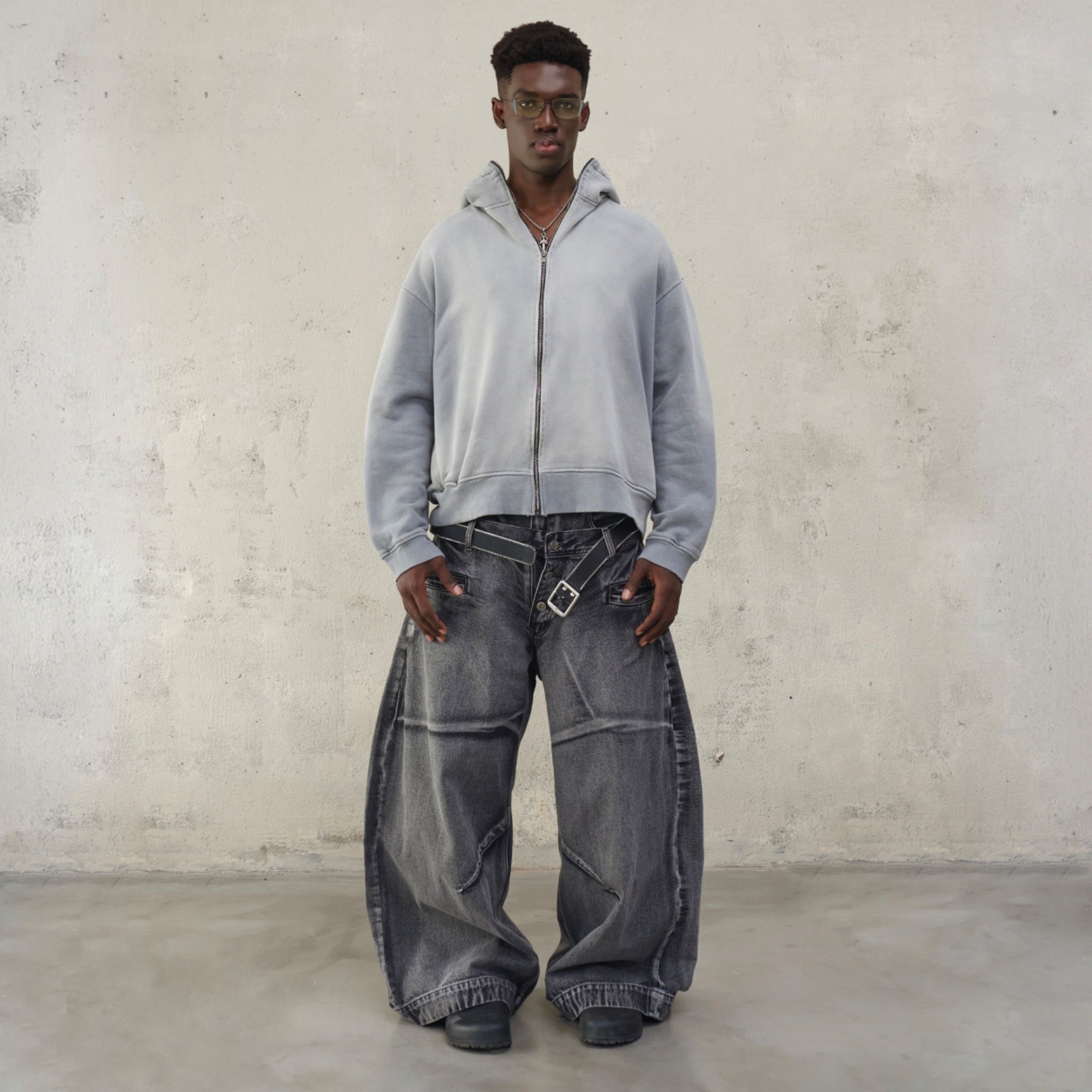 Double Waist Washed Jeans - Stone Gray