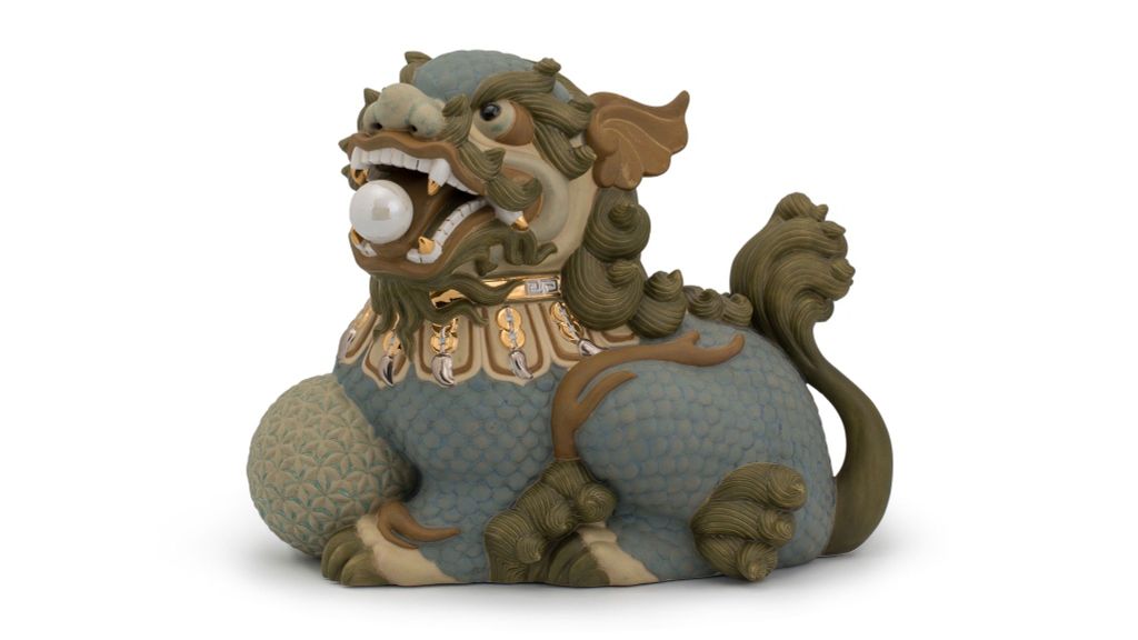 Kỳ Lân 34 cm (P) - Men xanh cổ - Trang trí vàng 24k & Bạch Kim