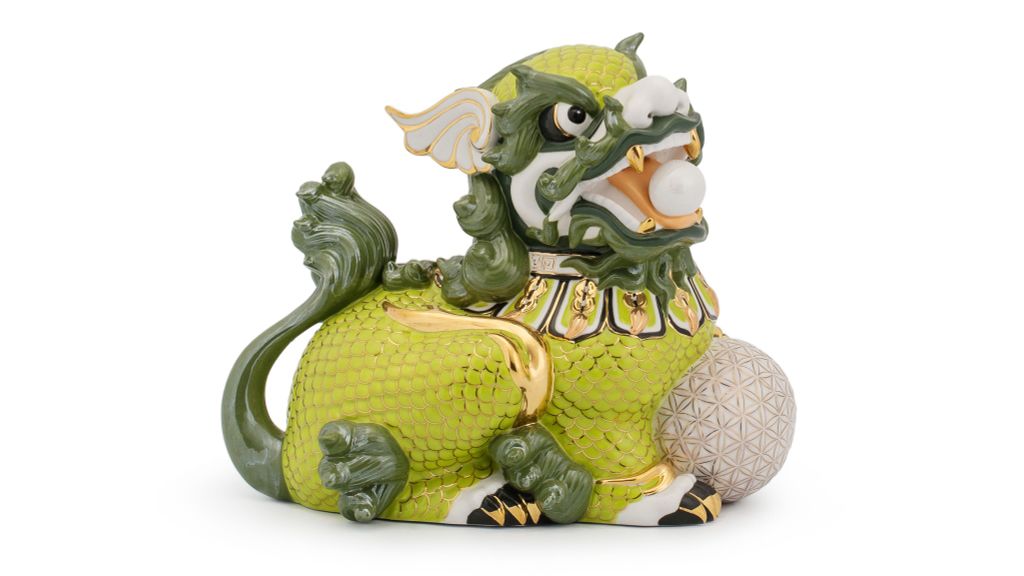 Kỳ Lân 24 cm (T) - Xanh lá xà cừ - Trang trí vàng 24k