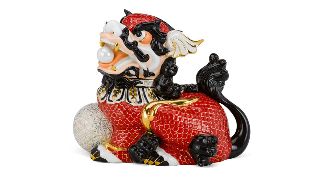 Kỳ Lân 24 cm (P) - Đỏ xà cừ - Trang trí vàng 24k