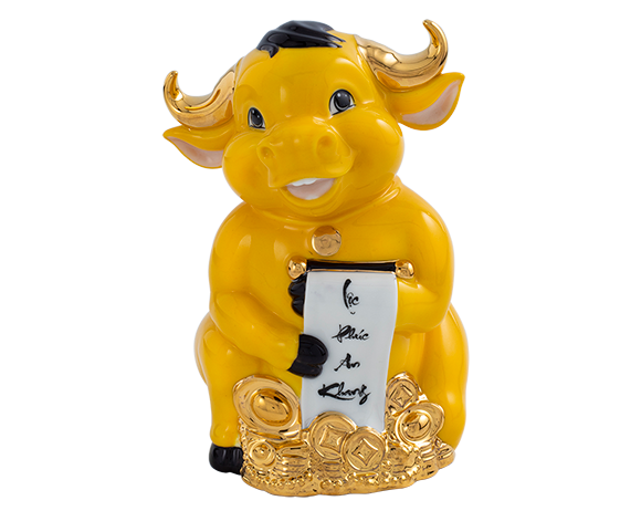 Trâu Hạnh Phúc 9.5cm - Màu Vàng Nghệ - Trang trí vàng 24k