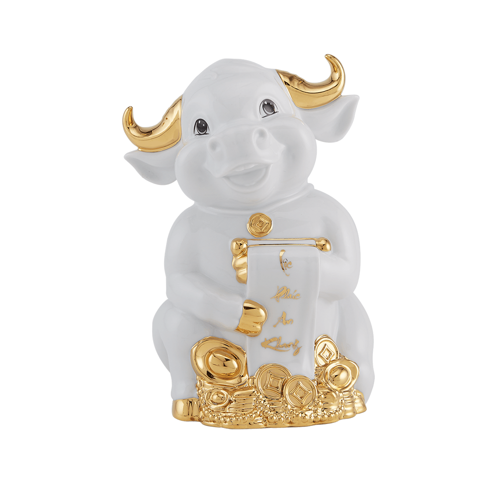 Trâu Hạnh Phúc 16cm - Màu Trắng - Trang trí vàng 24k