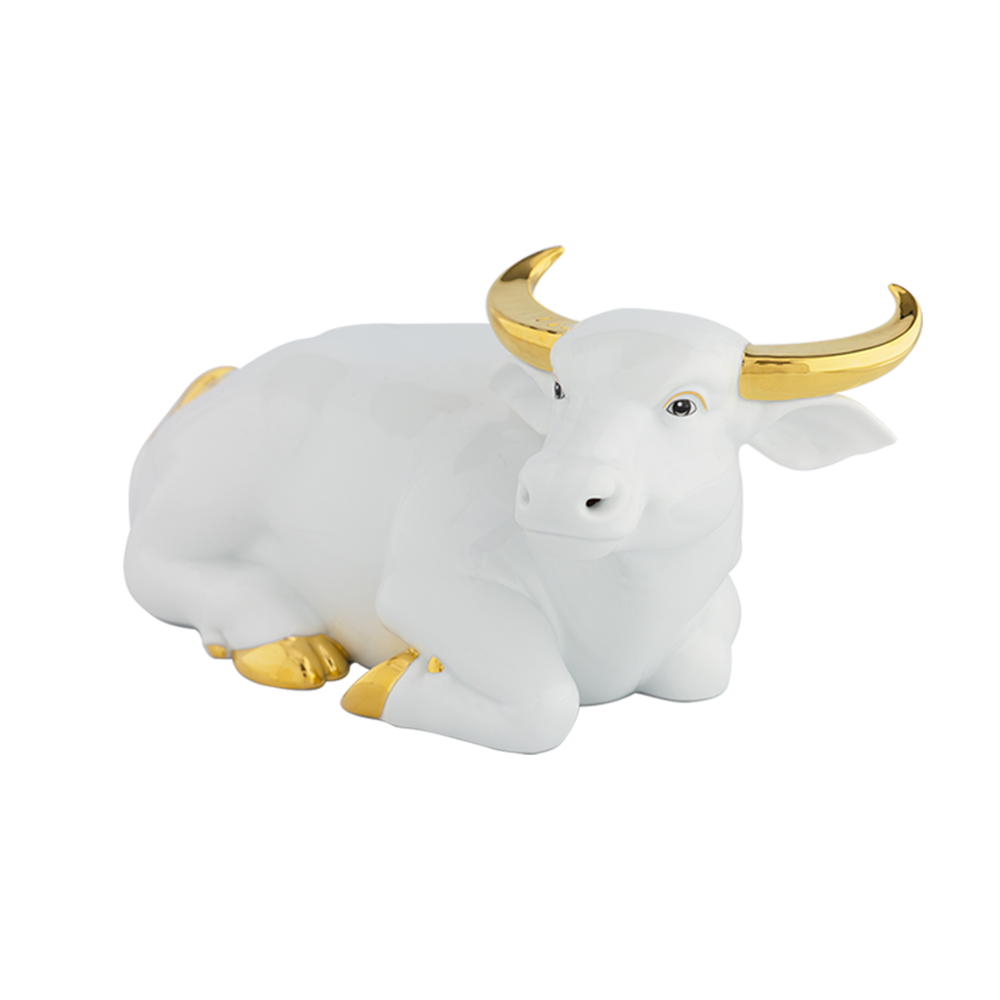 Trâu Hưởng Lộc 23cm - Màu Trắng - Trang trí vàng 24k