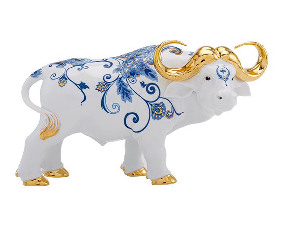 Trâu Vương Giả 30cm - Sen cobalt - Trang trí vàng