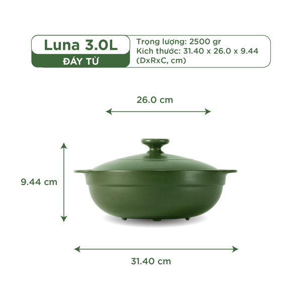 Nồi dưỡng sinh Luna (Nồi cạn) 3.0 L + nắp (CK) (bếp từ)
