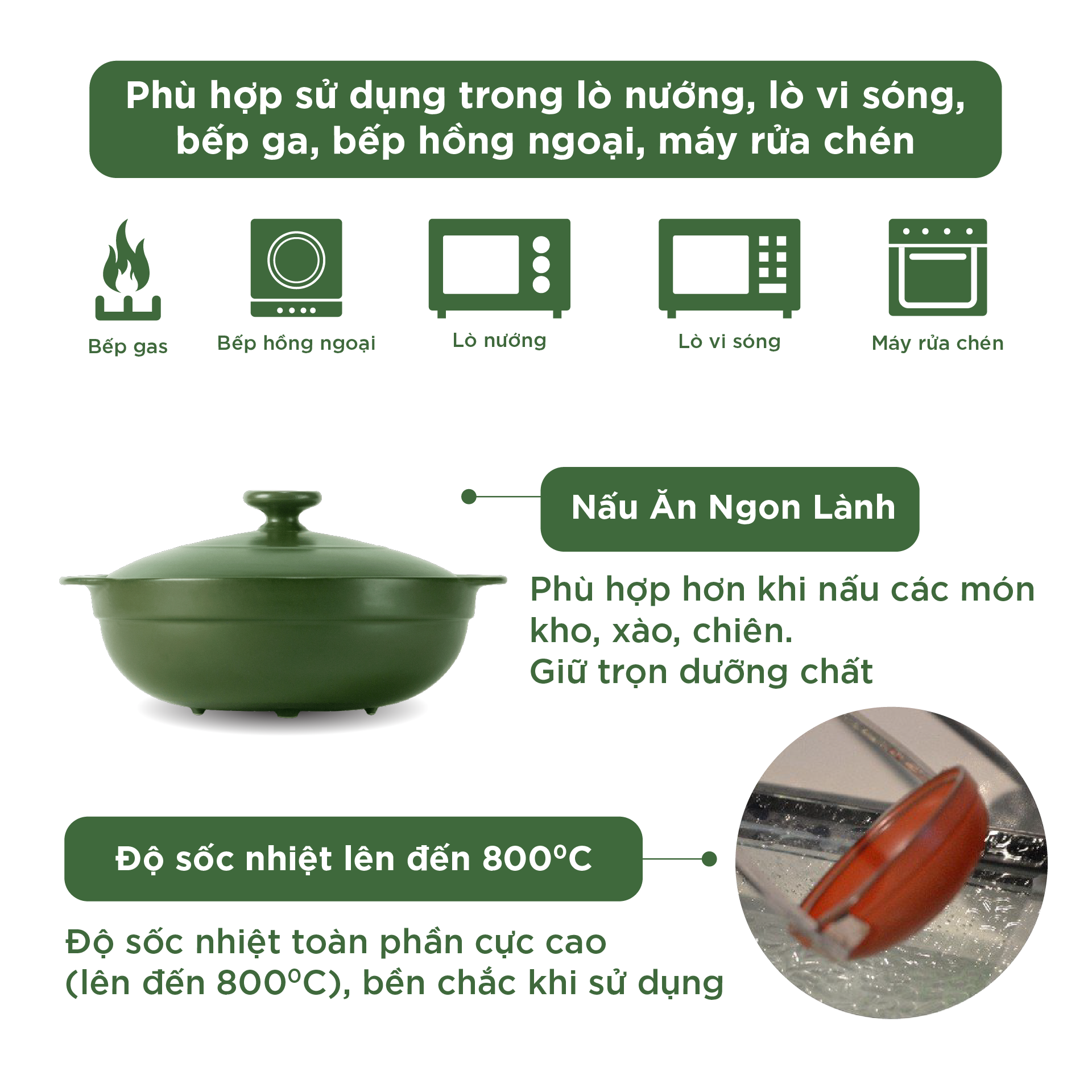 Nồi dưỡng sinh Luna (Nồi cạn) 2.0 L + nắp (CK) - Màu Xanh Rêu 2