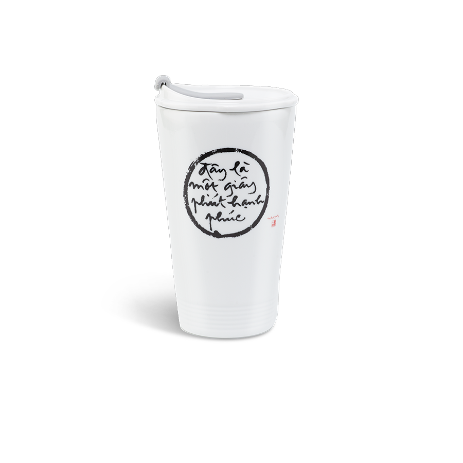 Ly sứ dưỡng sinh 0.48 L + nắp ống hút (K1) - Dưỡng Sinh - Đây Là Một Giây Phút Hạnh Phúc (Trắng C2)