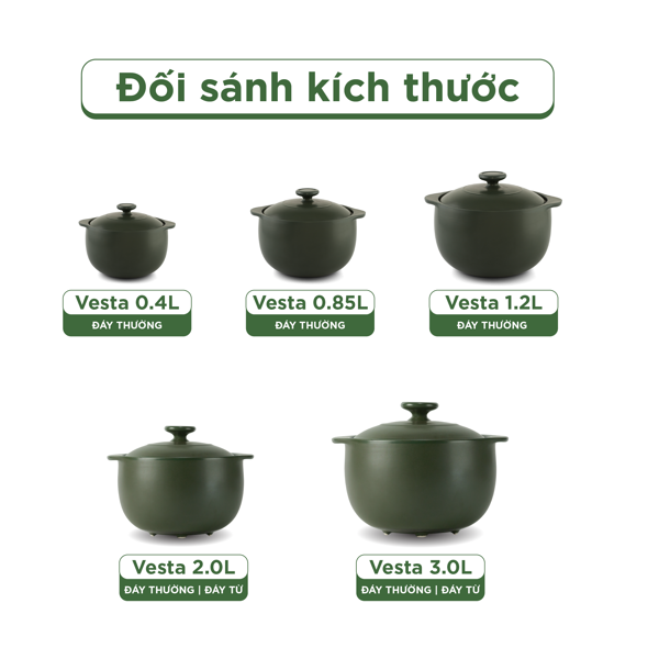 Nồi dưỡng sinh Vesta (Nồi tròn cao) 0.4 L + nắp (CK) - Xanh Rêu