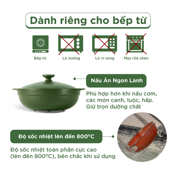 Nồi dưỡng sinh Luna (Nồi cạn) 2.0 L + nắp (CK) (bếp từ) - Xanh Rêu