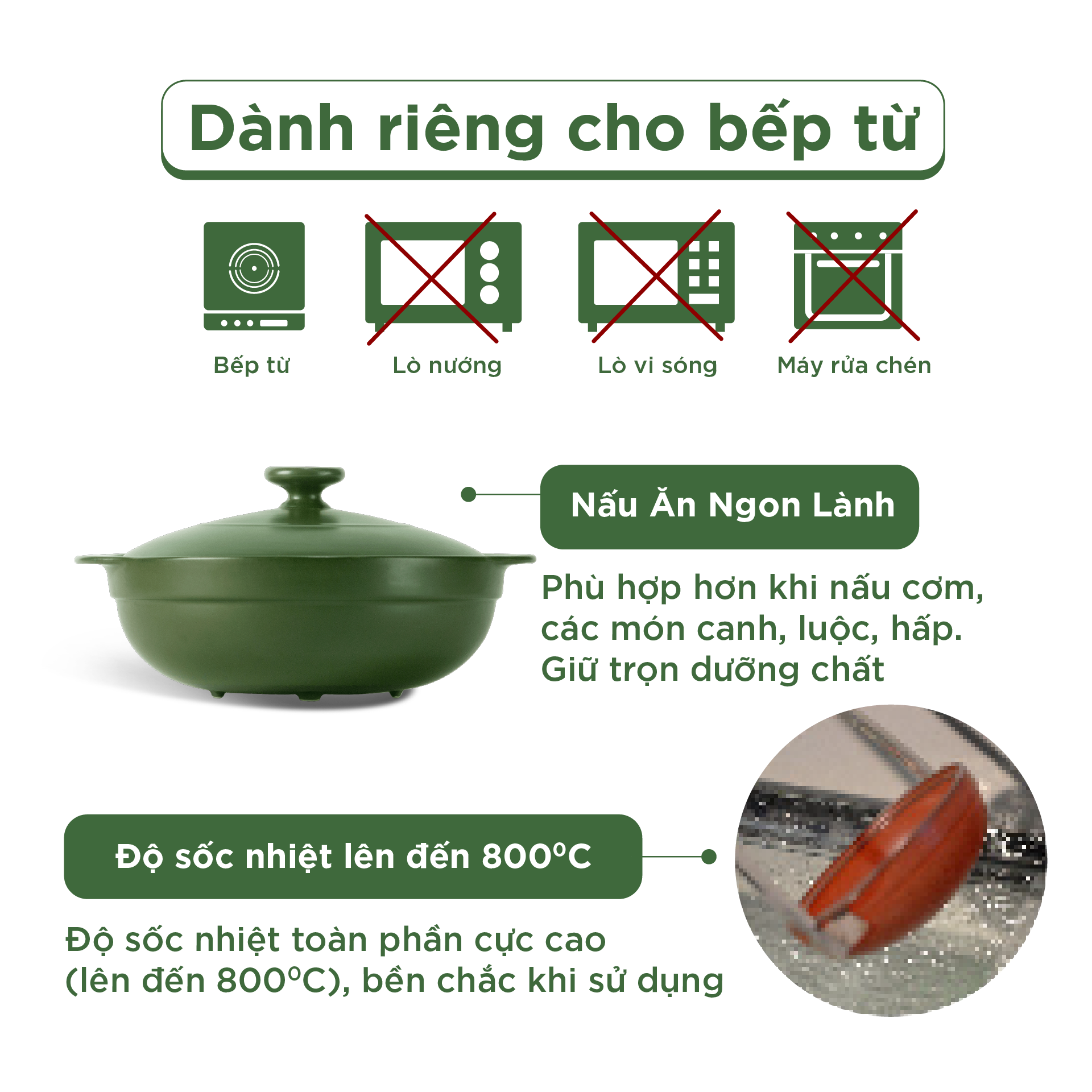 Nồi dưỡng sinh Luna (Nồi cạn) 2.0 L + nắp (CK) (bếp từ) - Xanh Rêu