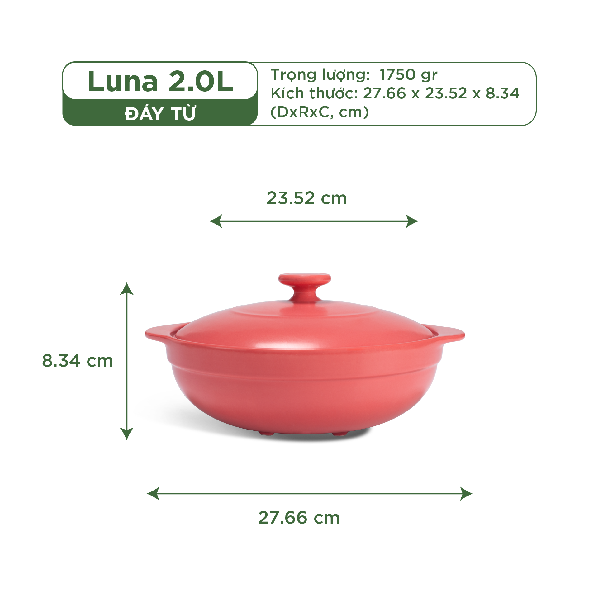 Nồi dưỡng sinh Luna (Nồi cạn) 2.0 L + nắp (CK) (bếp từ) - Màu Đỏ 2