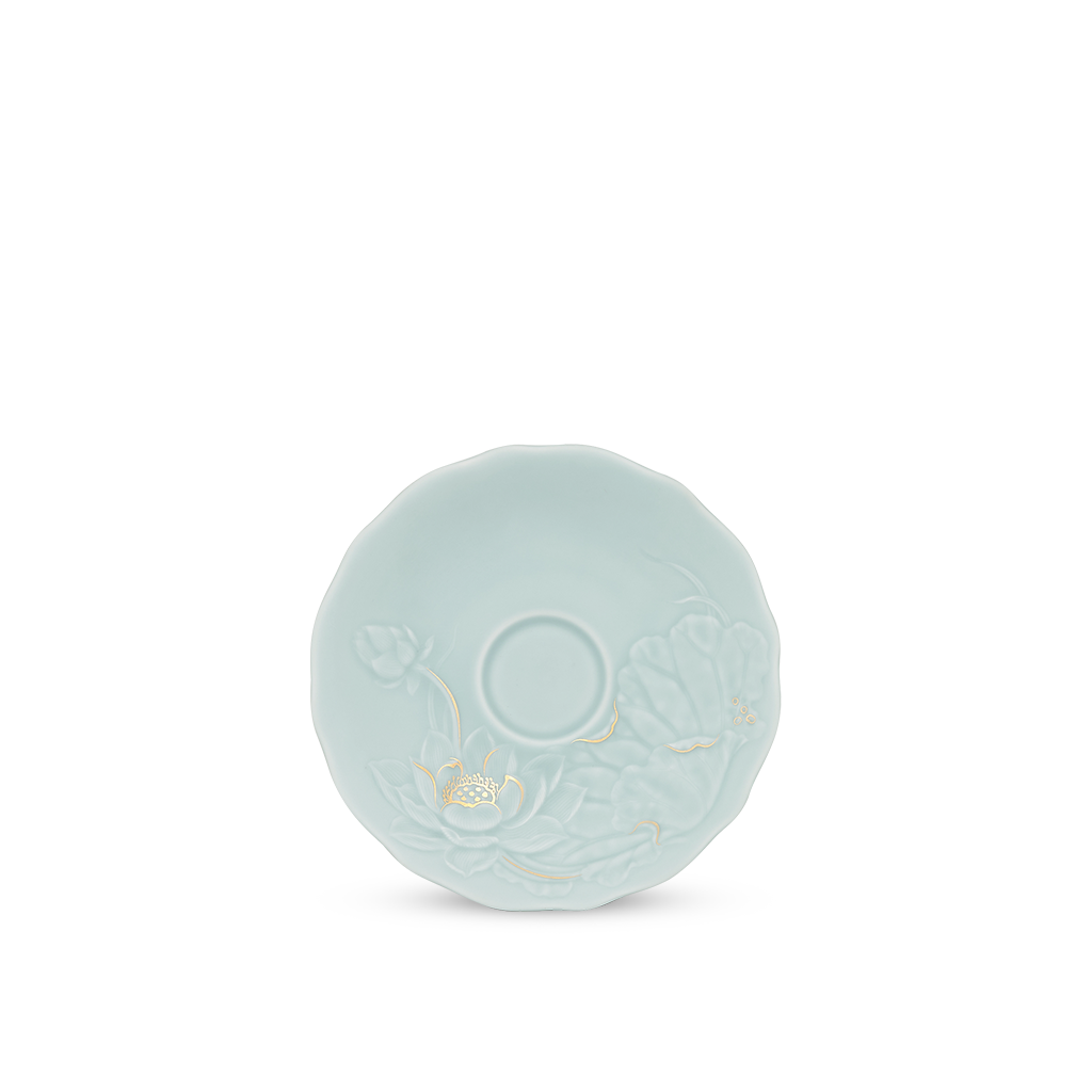 Dĩa lót 13 cm - Sen - Men Ngọc Sương Mờ (Trang Trí Vàng)