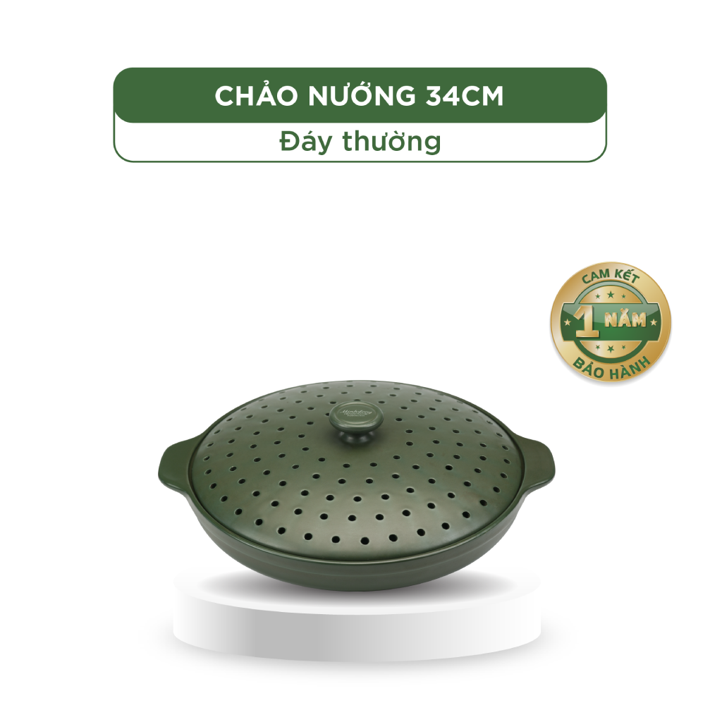 Chảo nướng dưỡng sinh 34 cm + nắp có lỗ - Healthy Cook - Xanh Rêu