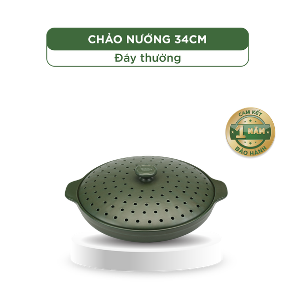 Chảo nướng dưỡng sinh 34 cm + nắp có lỗ - Healthy Cook - Xanh Rêu