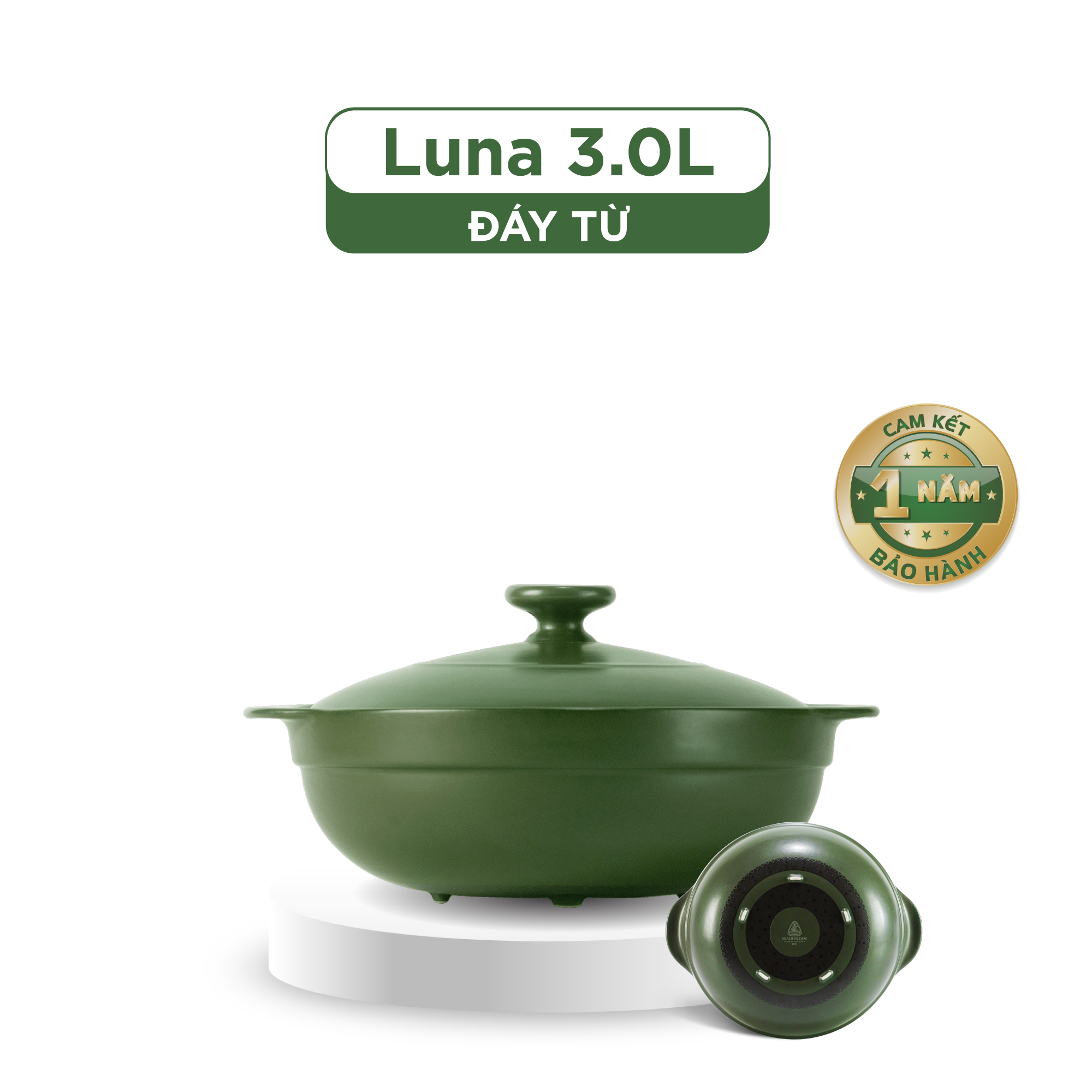 Nồi Sứ Dưỡng Sinh  Healthy Cook Luna 3.0 L - bếp từ - Xanh Rêu