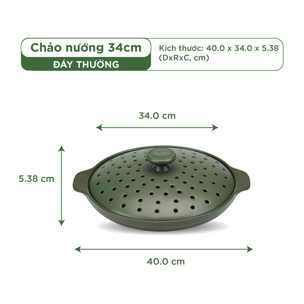 Chảo nướng dưỡng sinh 34 cm + nắp có lỗ - Healthy Cook - Xanh Rêu