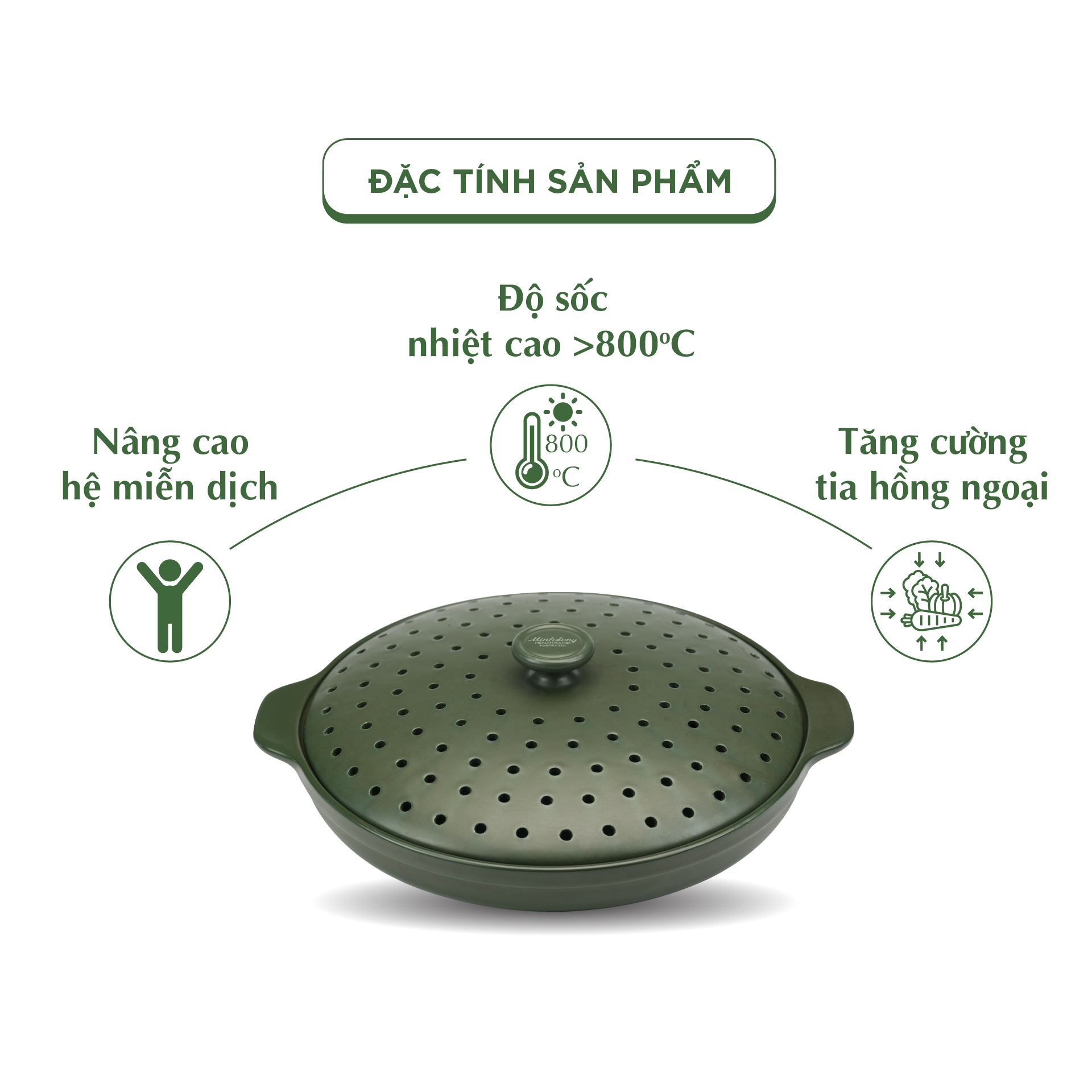 Chảo nướng dưỡng sinh 34 cm + nắp có lỗ - Healthy Cook - Xanh Rêu