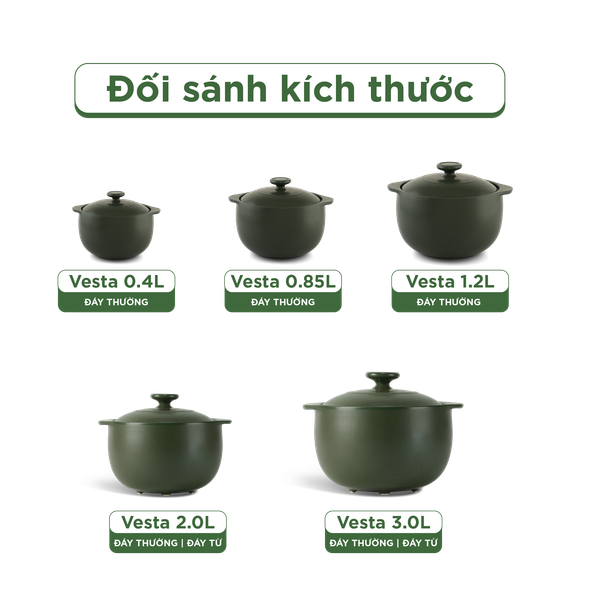 Nồi dưỡng sinh Vesta (Nồi tròn cao) 2.0 L + nắp (CK) (bếp từ) - Xanh Rêu