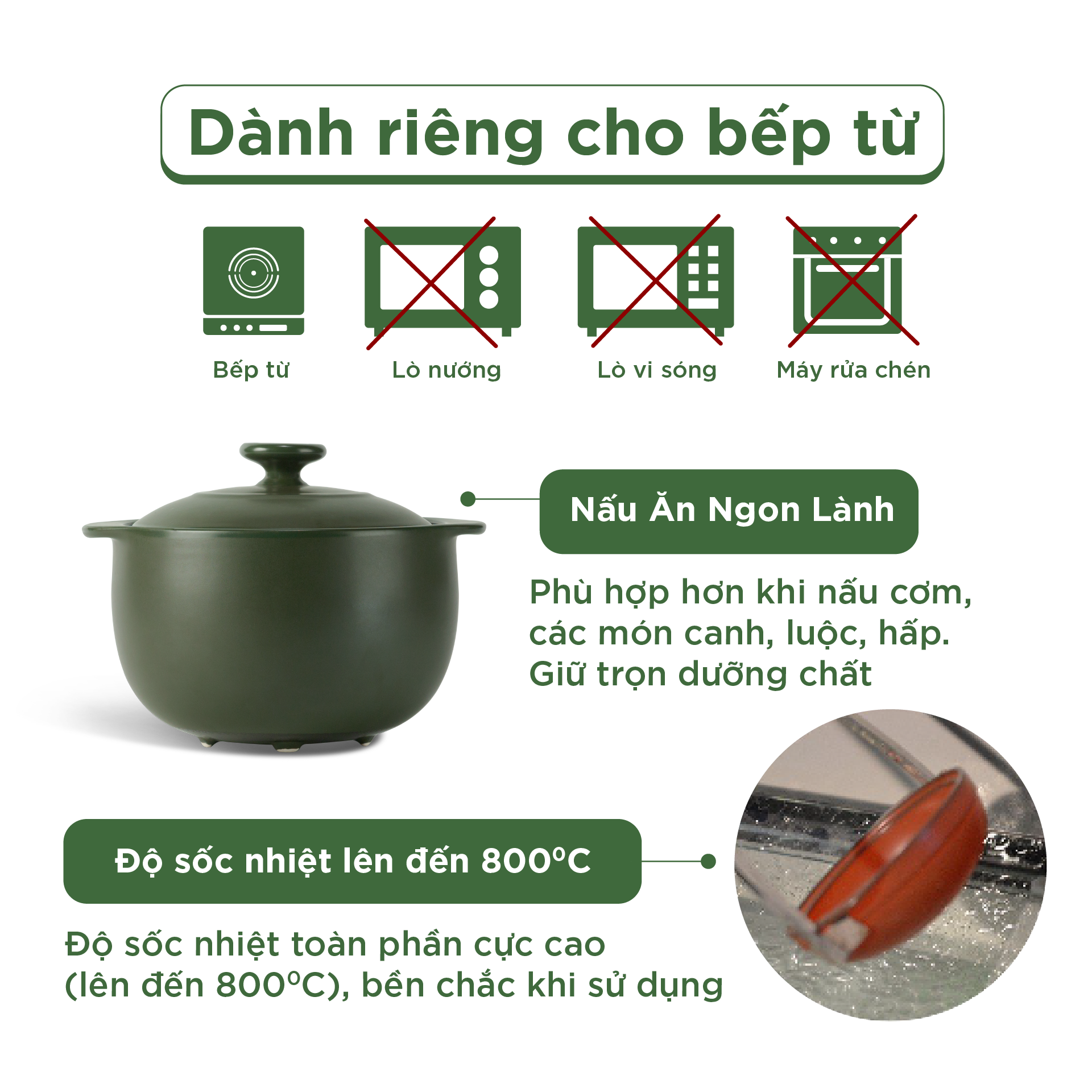 Nồi dưỡng sinh Vesta (Nồi tròn cao) 2.0 L + nắp (CK) (bếp từ) - Xanh Rêu