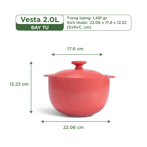 Nồi dưỡng sinh Vesta (Nồi tròn cao) 2.0 L + nắp (CK) (bếp từ) - Màu Đỏ 2