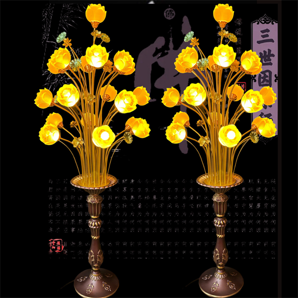 Đèn điện lưu ly 19 bông thân đồng khắc hoa văn