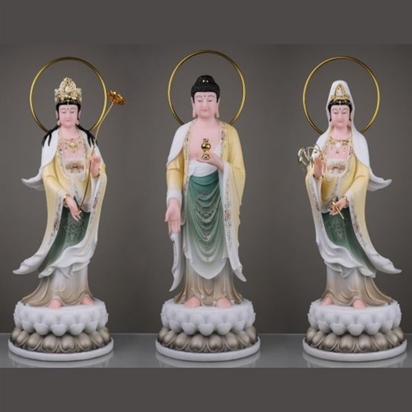 Tượng tây phương tam thánh đứng đài sen trắng đá thạch anh 1306
