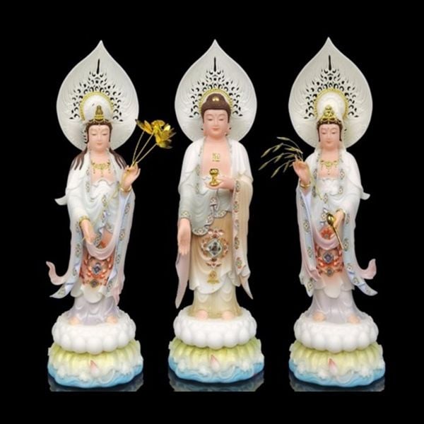 Tượng tây phương tam thánh đứng đài sen trắng đá thạch anh 1202