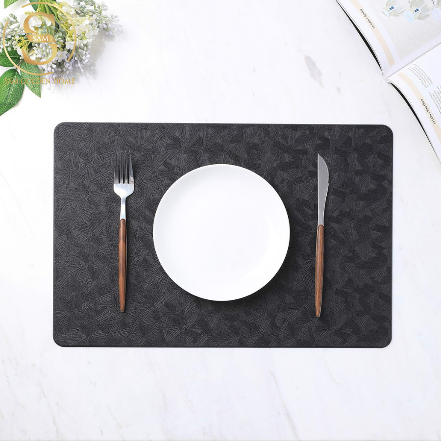 Placemat Lót Bàn Ăn Màu Đen Leather Sang Trọng Nhựa PU Vân Hoa Dễ Lau Chùi, Chịu Nhiệt Tốt