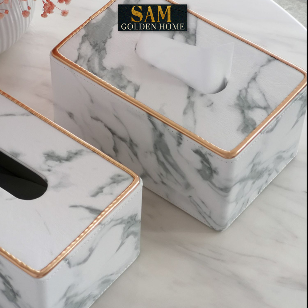 Hộp Đựng Khăn Giấy Sapi Trang Trí Bàn Ăn Da Vân Đá Marble Viền Vàng Gold Sang Trọng Màu Trắng