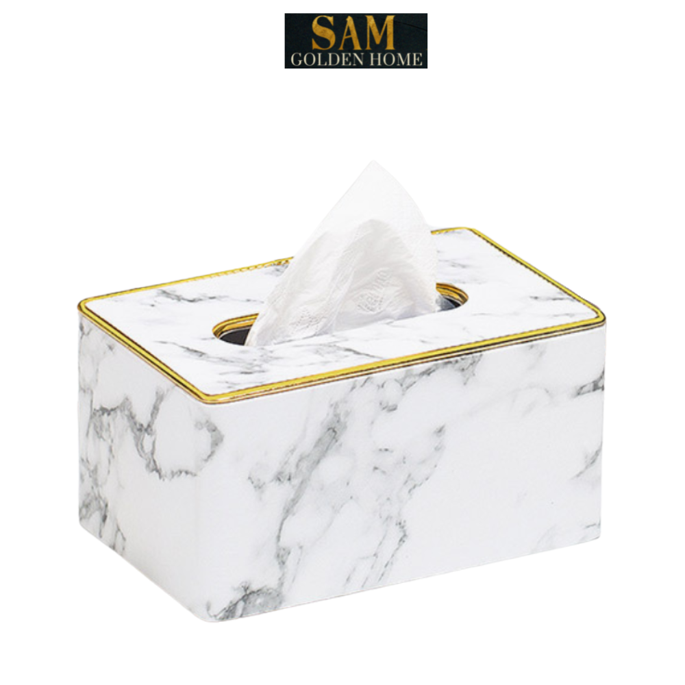 Hộp Đựng Khăn Giấy Sapi Trang Trí Bàn Ăn Da Vân Đá Marble Viền Vàng Gold Sang Trọng Màu Trắng