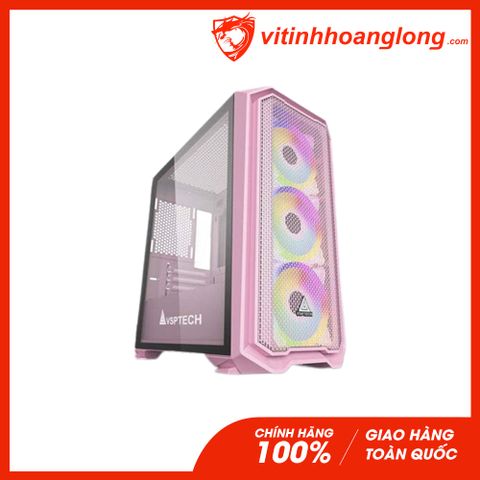  Vỏ Case máy tính Vsp HA01 Màu Hồng Mặt Trước Lưới, Nắp Hông Kính Cường Lực 