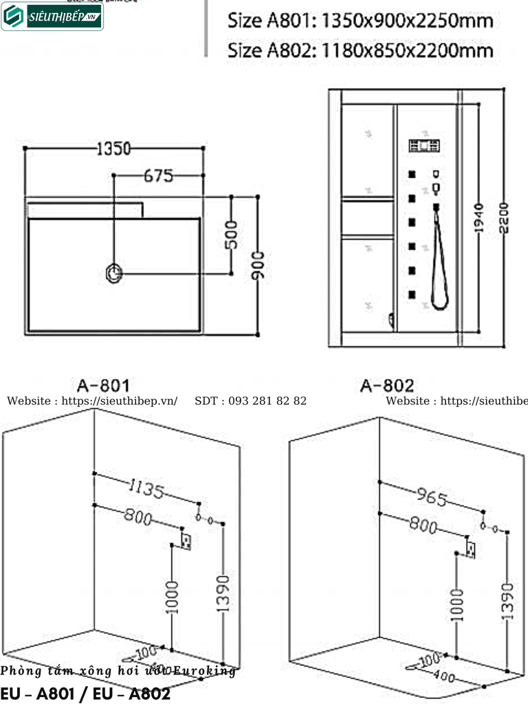 Phòng tắm xông hơi ướt Euroking EU – A801 / EU – A802 (Công nghệ Châu Âu)